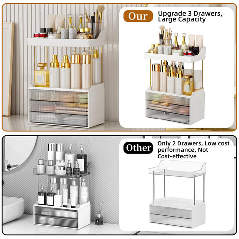 StorBin 3-drawer organizer with drawers open for easy access to cosmetics
