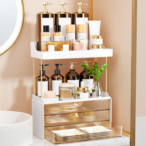 StorBin amber color enhances bathroom vanity and décor.