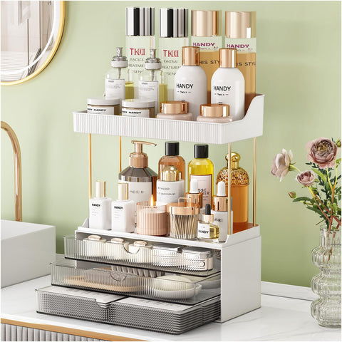 StorBin Strong three-drawer counter organizer keeps makeup neatly organized on the vanity.