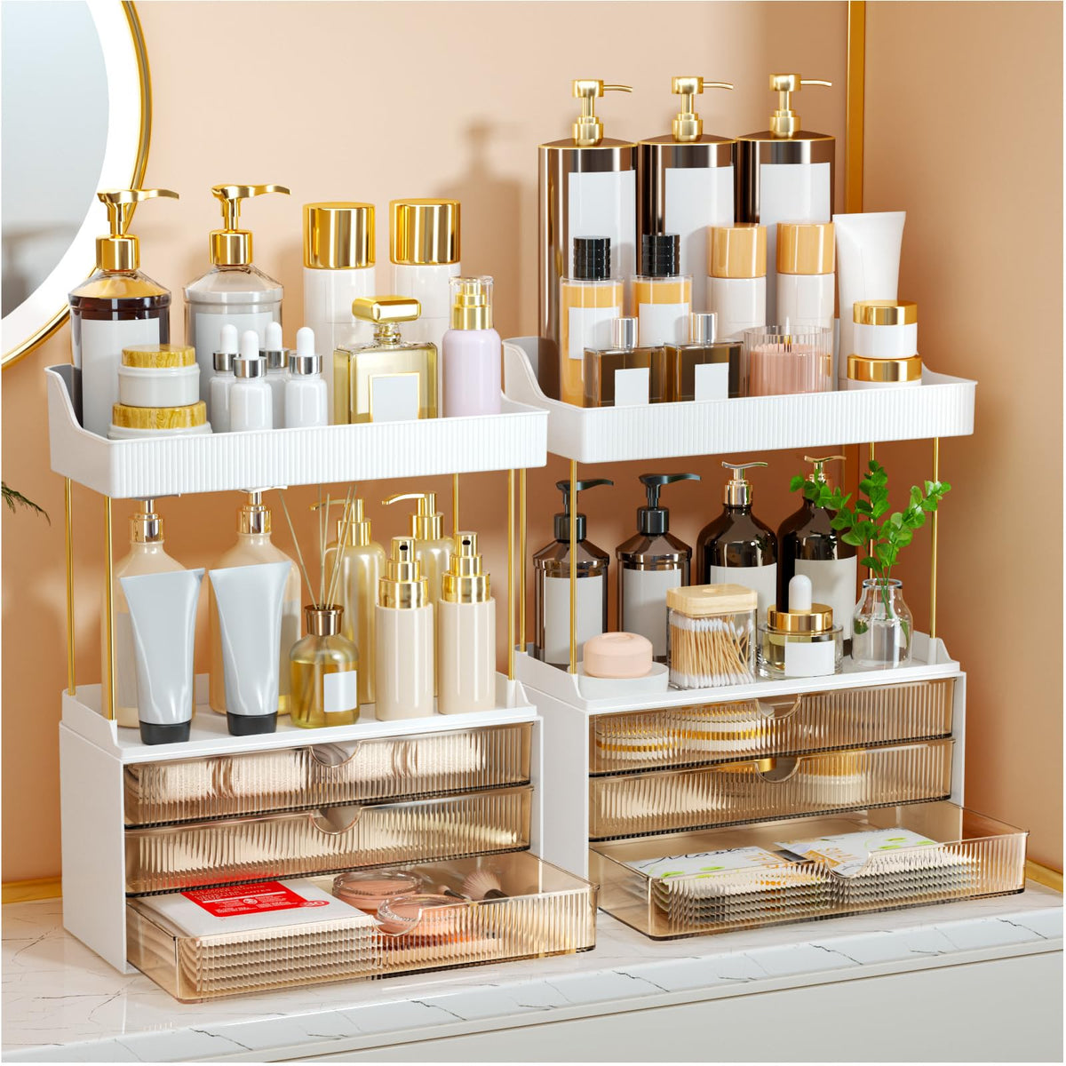 StorBin top two layers hold perfumes and skincare for easy vanity access.