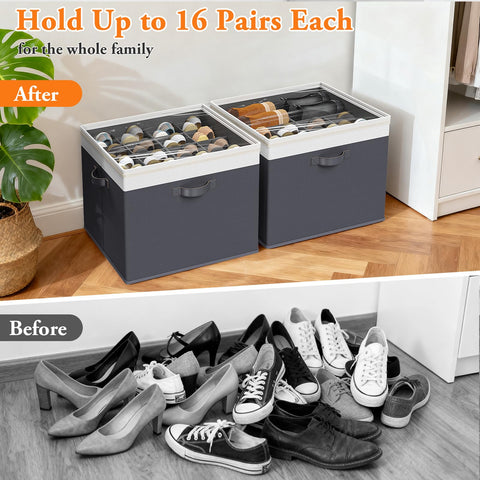 StoreHappily shoe bin with leather handles for easy lifting.