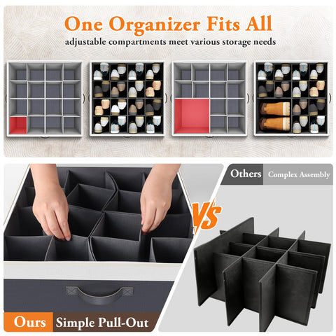StoreHappily adjustable-dividers reveal customizable compartments for different shoe sizes.