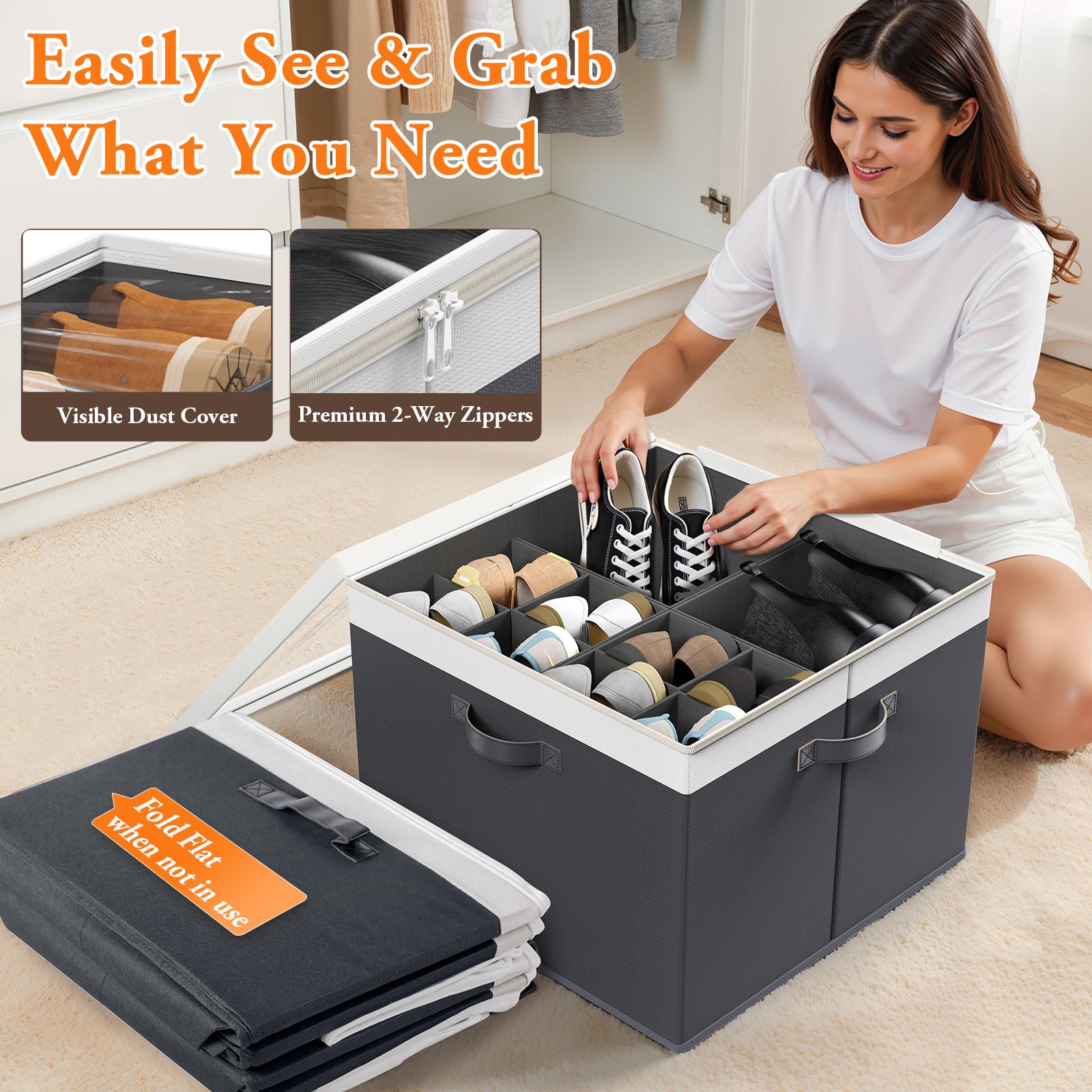 StoreHappily shoe organizer side view showing a slim, stackable design.