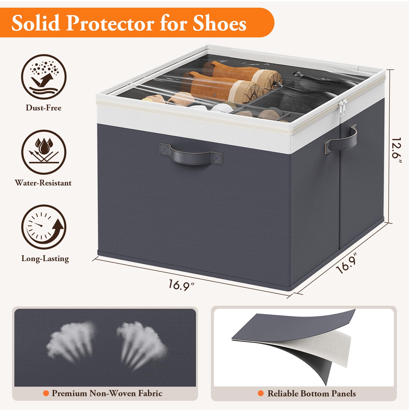 StoreHappily stackable shoe boxes save space in a closet.