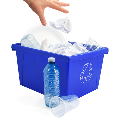 Storex 4-gallon blue bin pictured under a desk for easy access