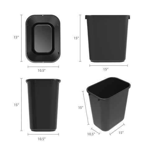 Storex black waste basket close-up highlighting its size and versatile indoor use.