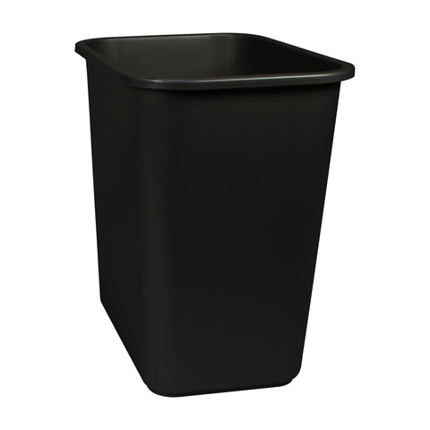 Storex waste basket side view showing 7-gallon capacity and durable plastic construction.