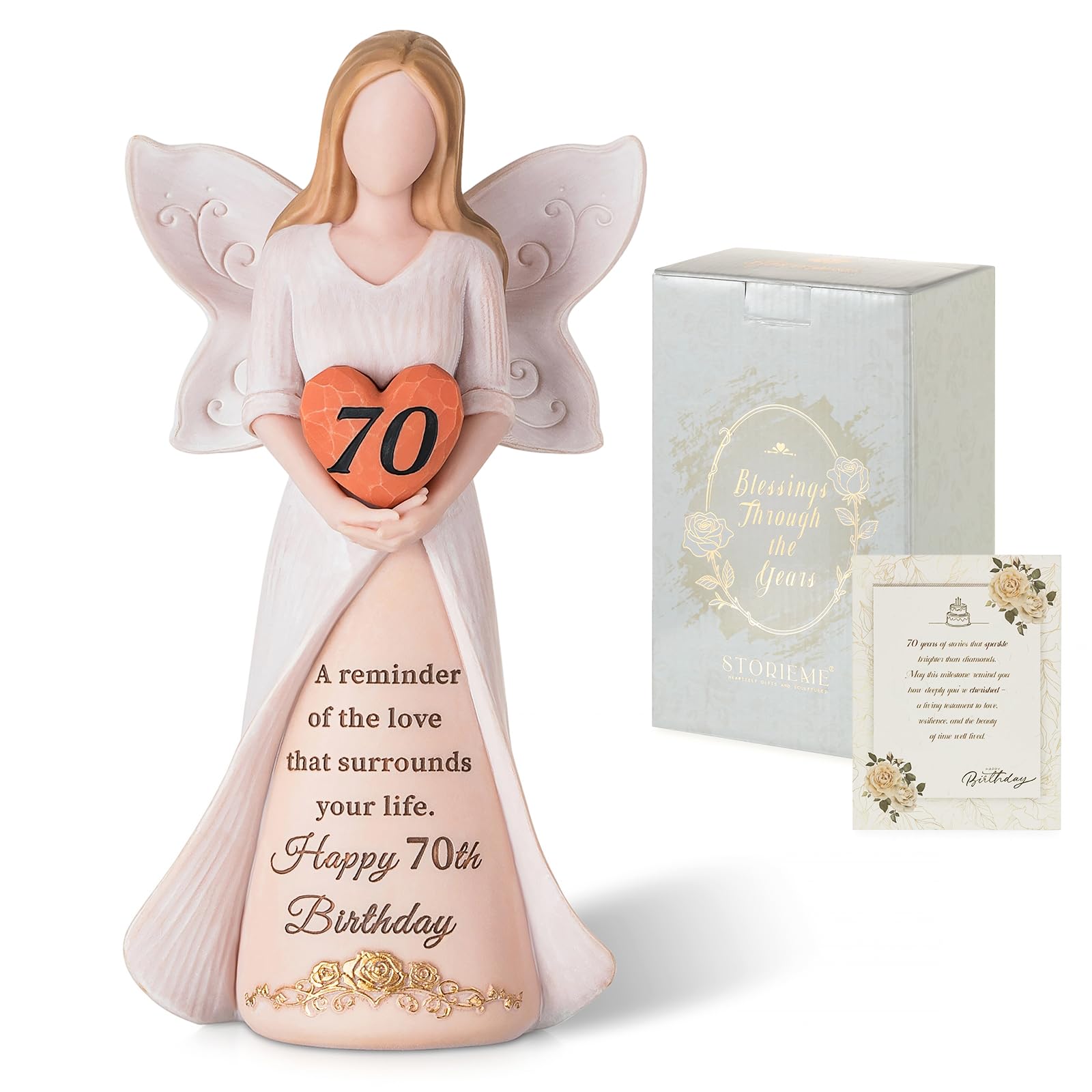 Storieme 70th birthday angel sculpture in a gift box for a thoughtful celebration.