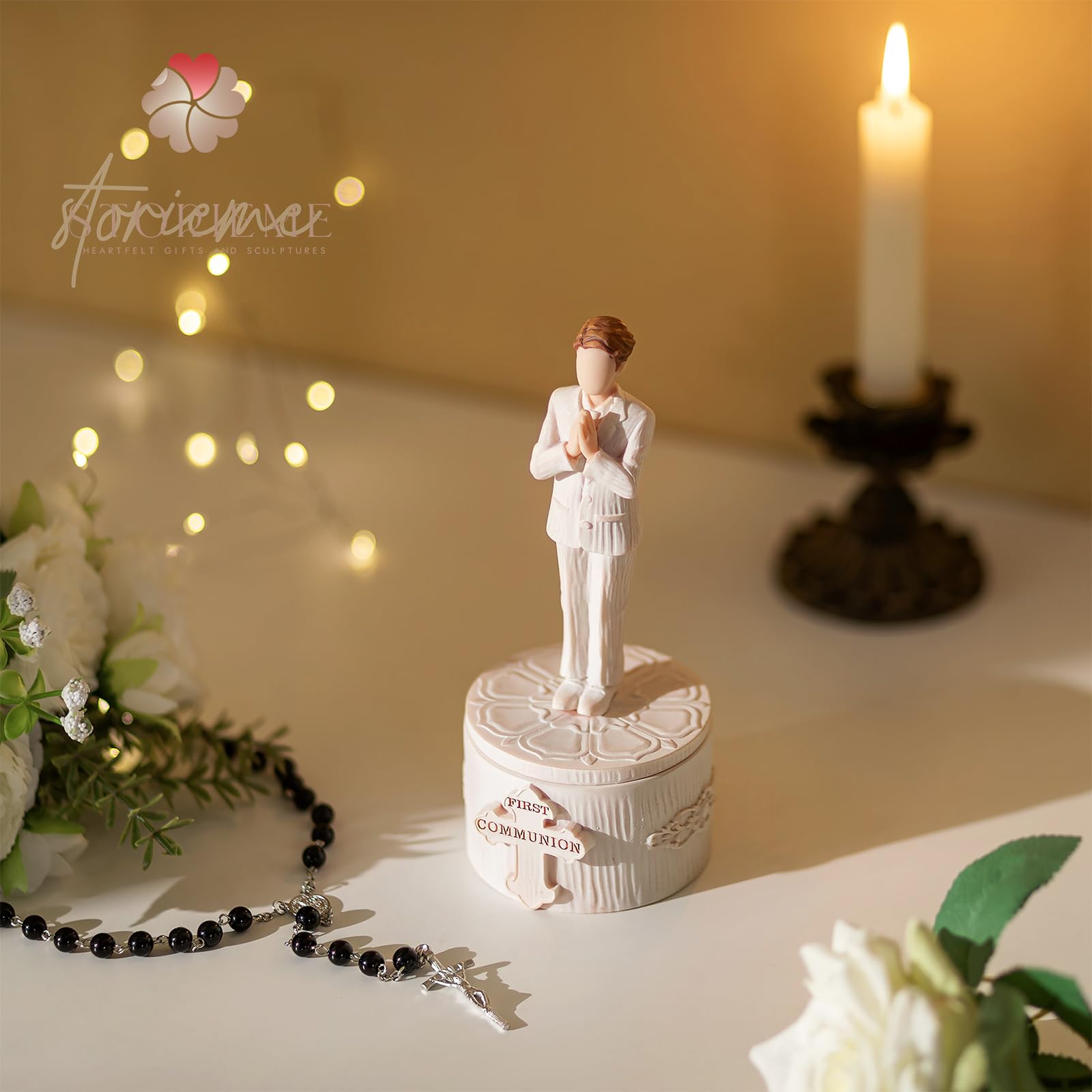 Storieme first-communion decor enhances shelves and mantels with grace.