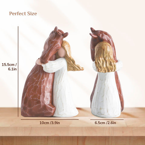 Storieme girl embracing horses sculpture showcases loyalty and companionship on a shelf.