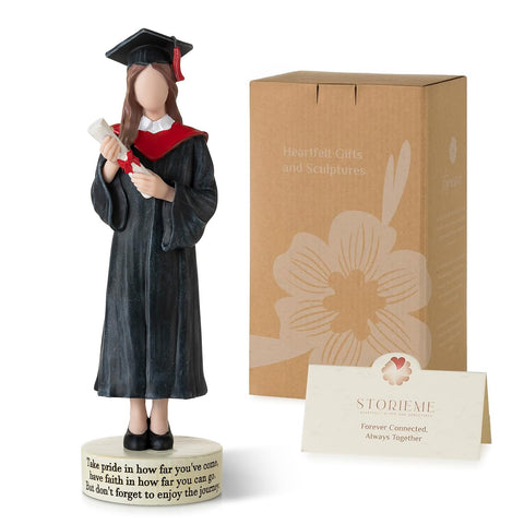 Storieme graduation figurine front view on a display shelf, a timeless keepsake.