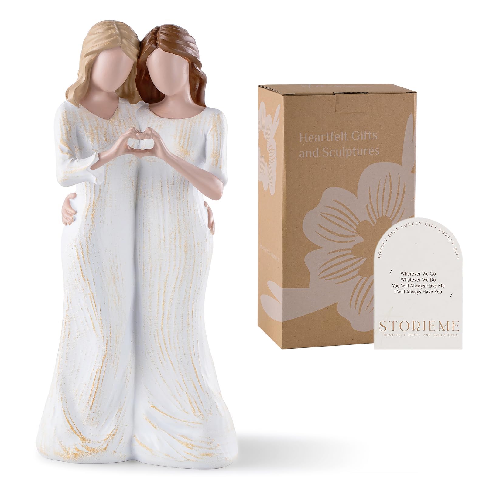 Storieme sister figurine in creamy white dress adds warm decor.