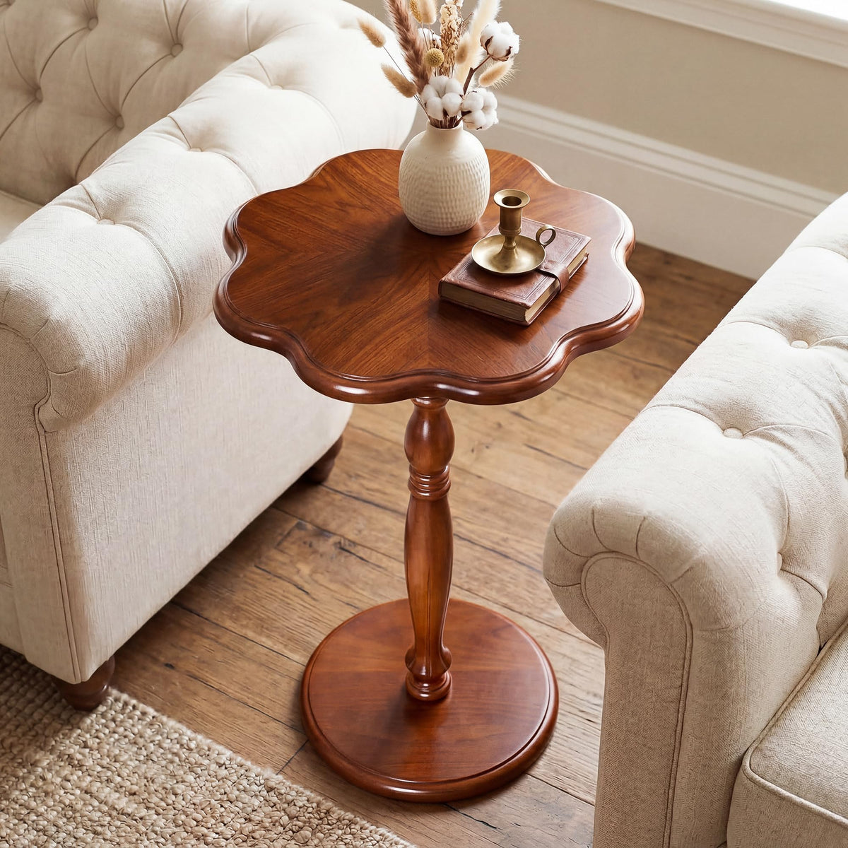 STO'SENSE round side table with walnut pedestal adds elegant surface space