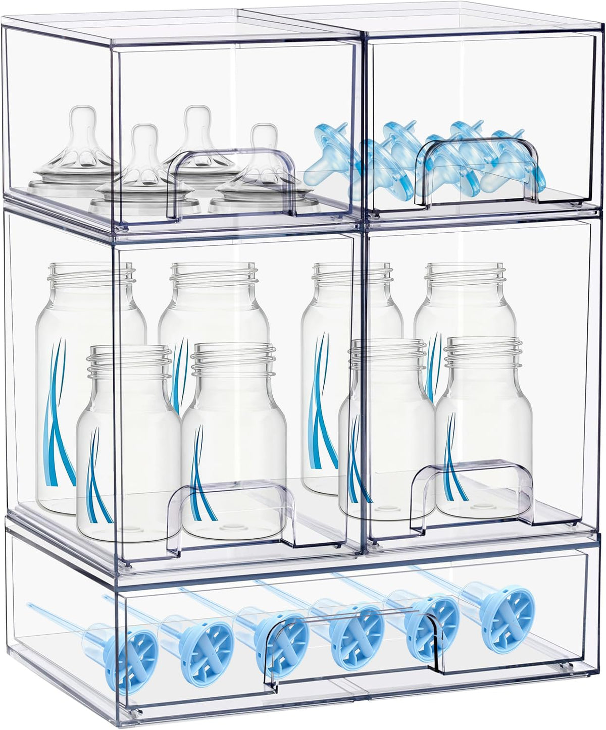 Stowgo baby bottle organizer with stackable drawers for a tidy nursery.