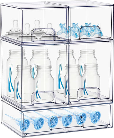 Stowgo baby bottle organizer with stackable drawers for a tidy nursery.