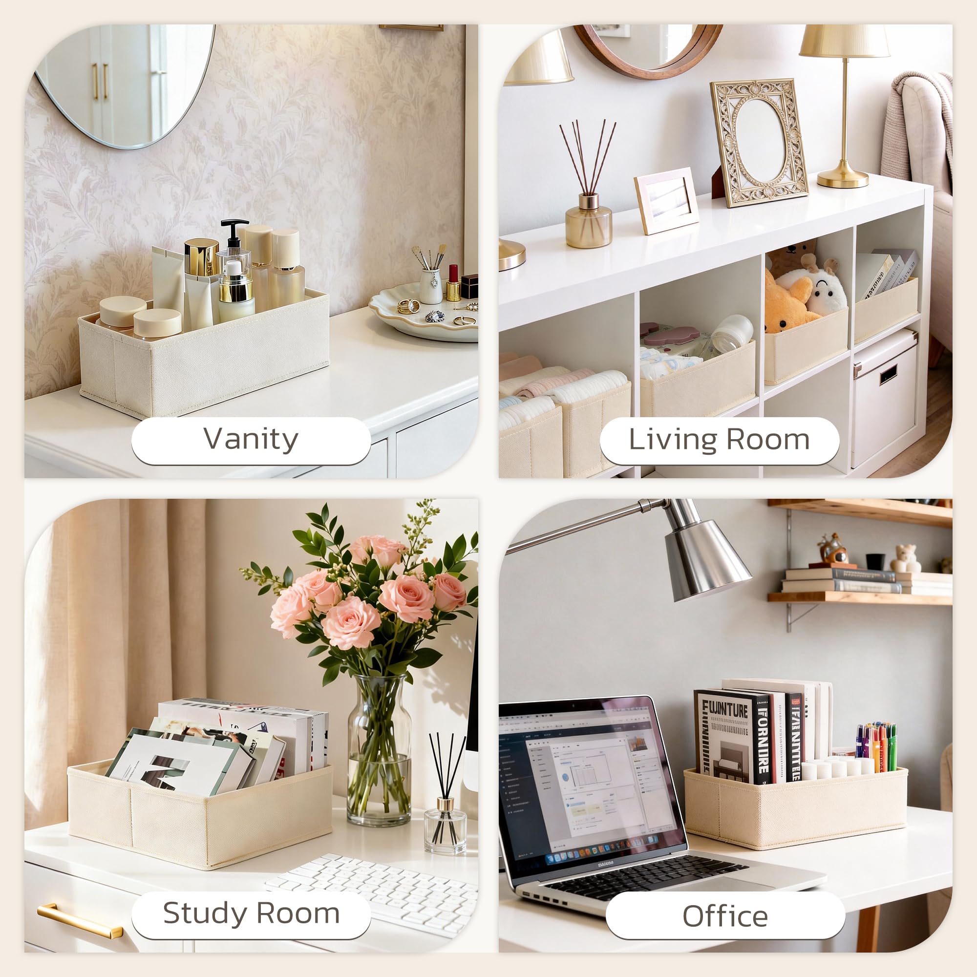 Stowsia beige drawer organizers stay upright and visible when loaded.