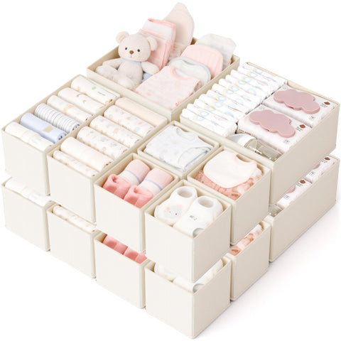 Stowsia 16-pack beige drawer organizer enables instant drawer organization.