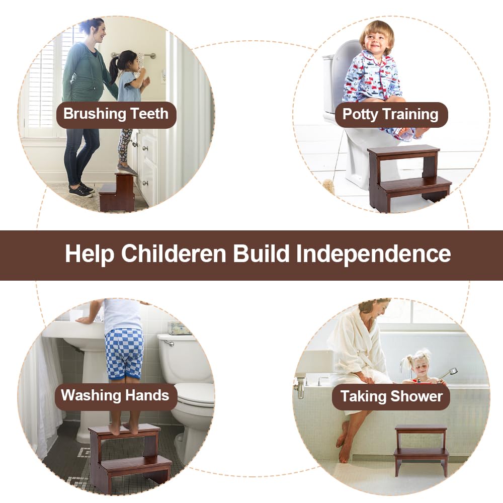 StrongTek bamboo two-step stool used by a child for washing hands