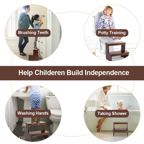 StrongTek bamboo two-step stool used by a child for washing hands