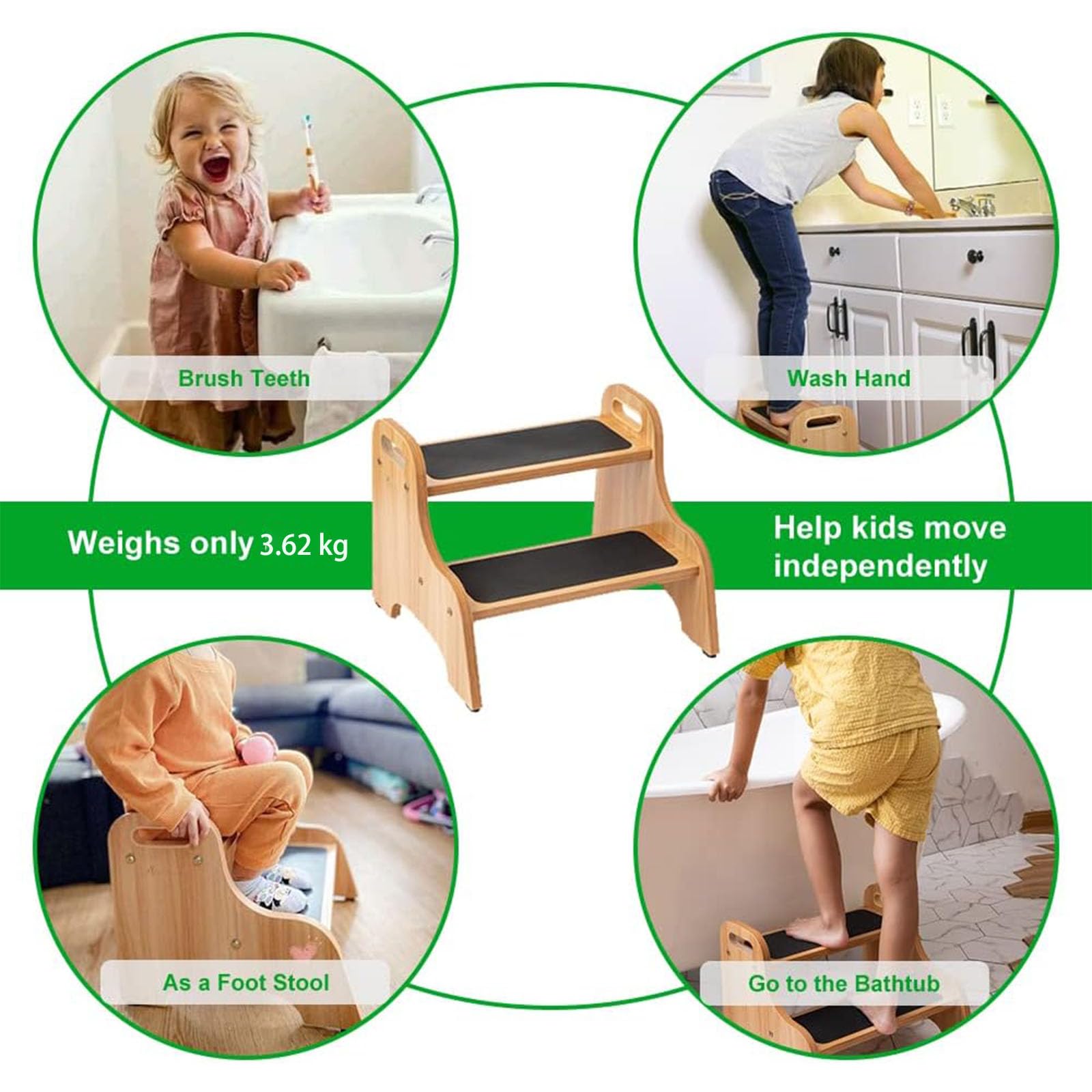 StrongTek compact wooden stool showing dimensions 16.1 by 15.7 by 13.4 inches.