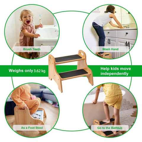 StrongTek compact wooden stool showing dimensions 16.1 by 15.7 by 13.4 inches.