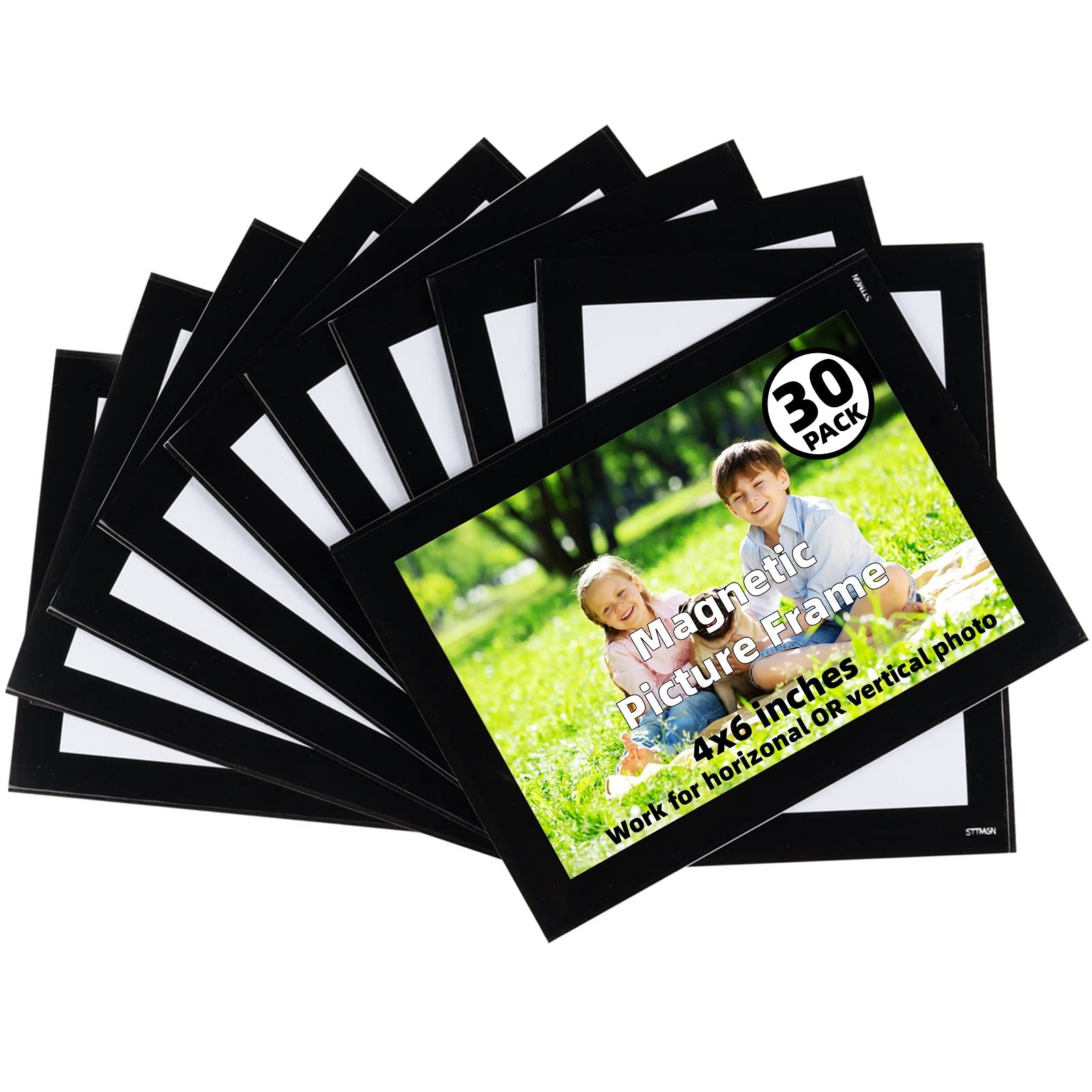 STTMGN magnetic picture frames on refrigerator holding 4x6 photos securely.