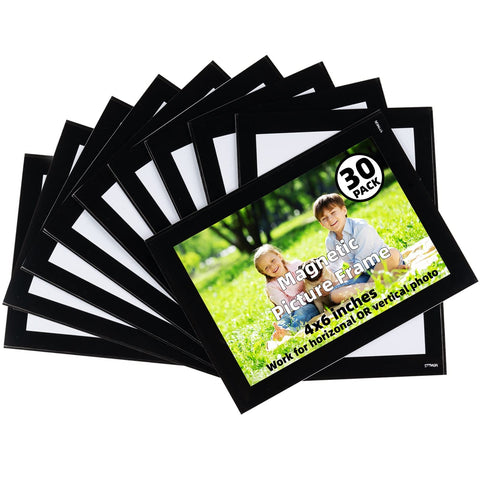 STTMGN magnetic picture frames on refrigerator holding 4x6 photos securely.