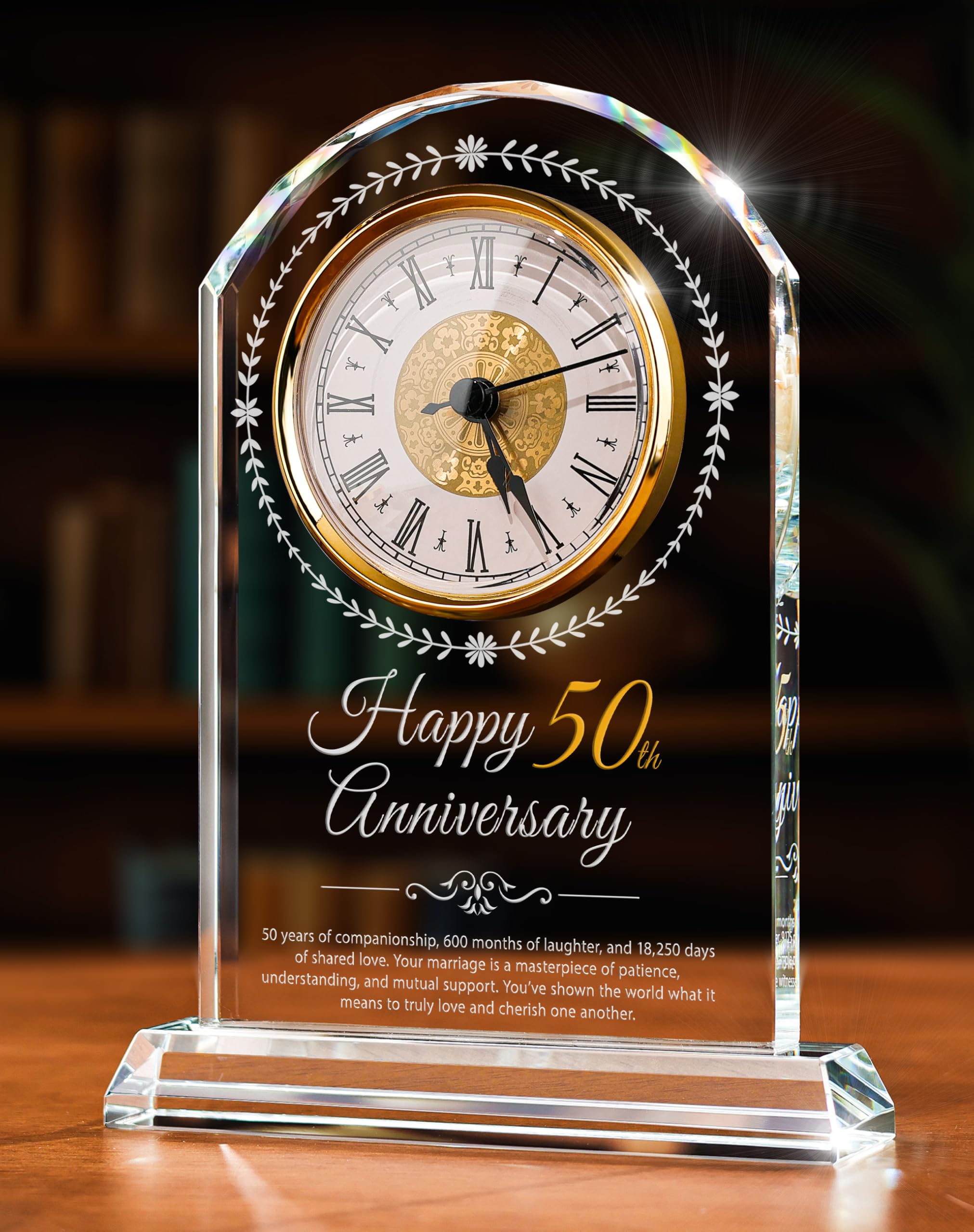 Sttokilly 50th Anniversary Crystal Clock front view with crystal clarity and gold accents.