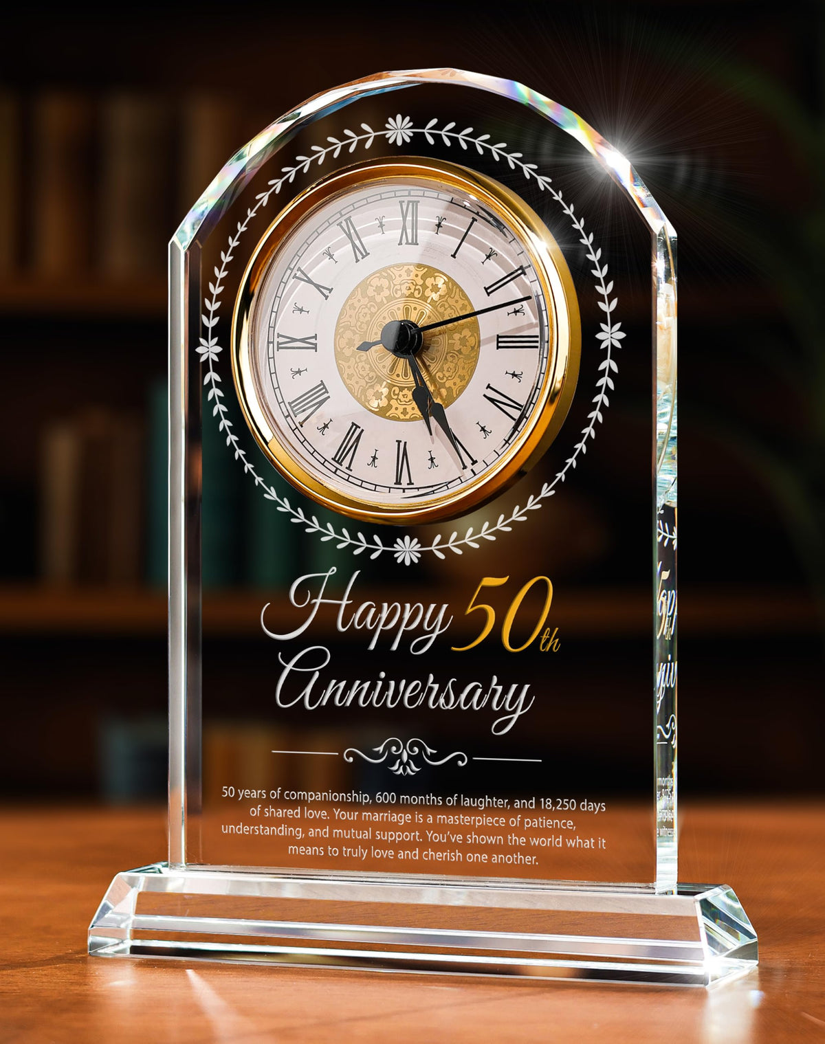 Sttokilly 50th Anniversary Crystal Clock front view with crystal clarity and gold accents.