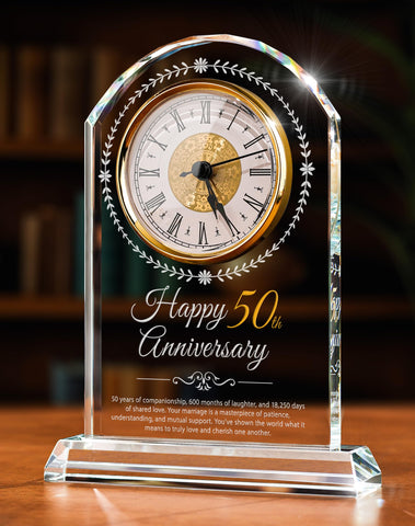 Sttokilly 50th Anniversary Crystal Clock front view with crystal clarity and gold accents.