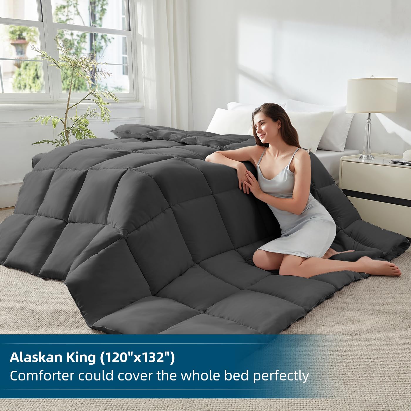 STWIENER Alaskan King Comforter bed setup shows oversized coverage for family use