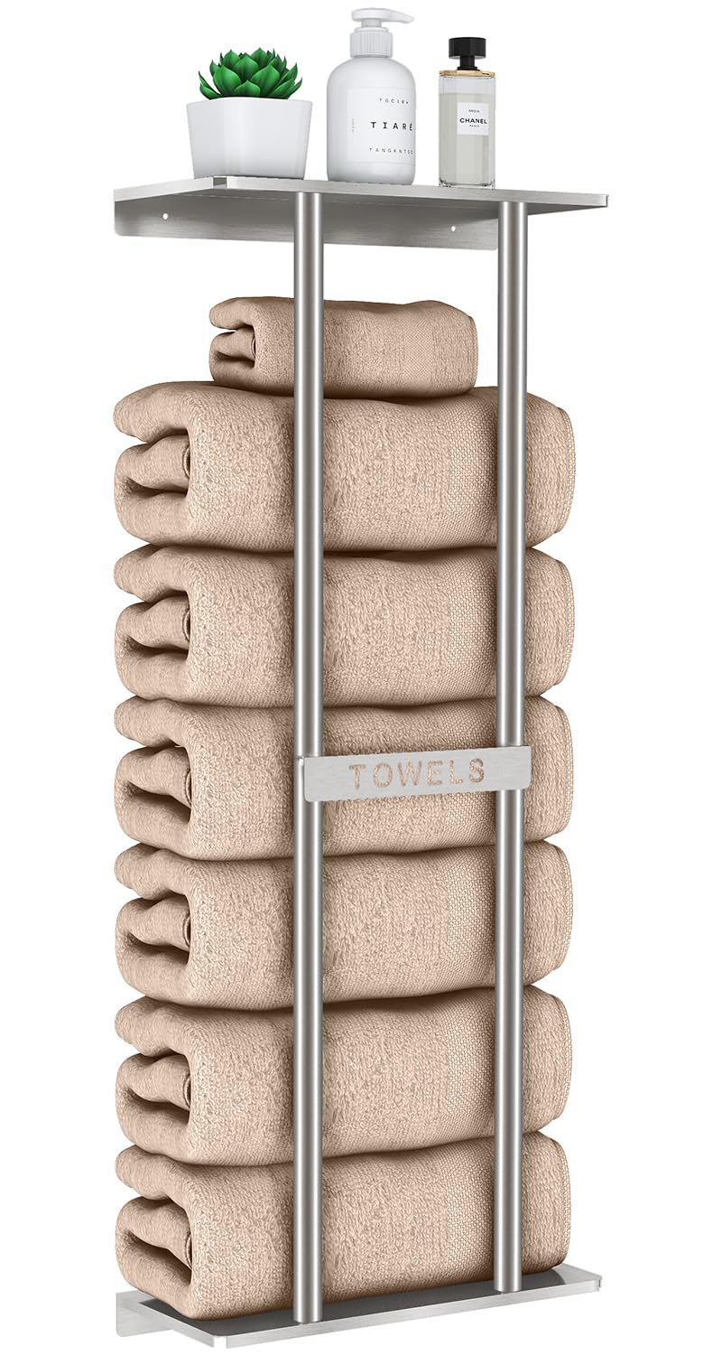 STWWO towel storage mounted on wall in brushed nickel for space-saving organization.