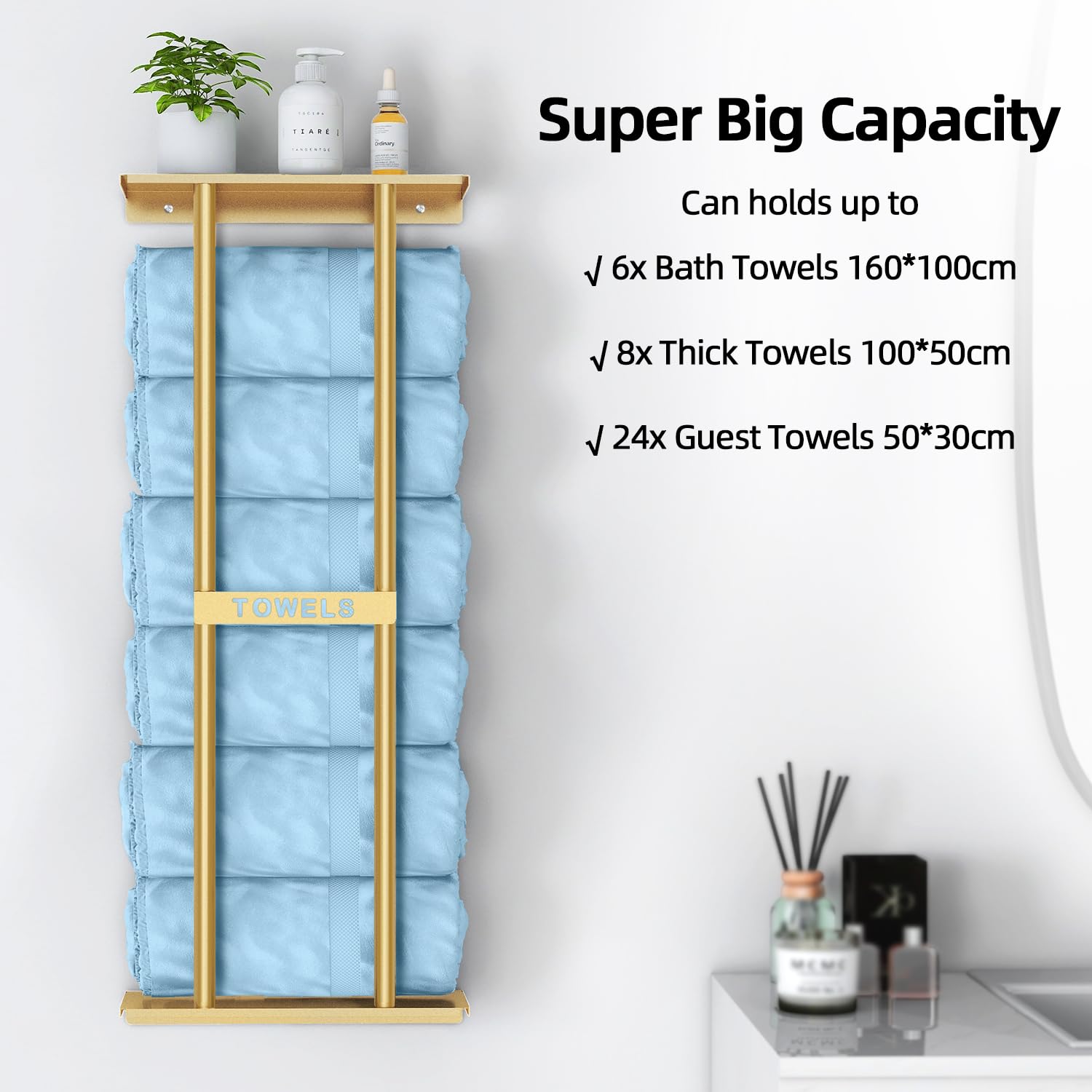 STWWO top shelf stores small items beside towels, boosting bathroom organization.