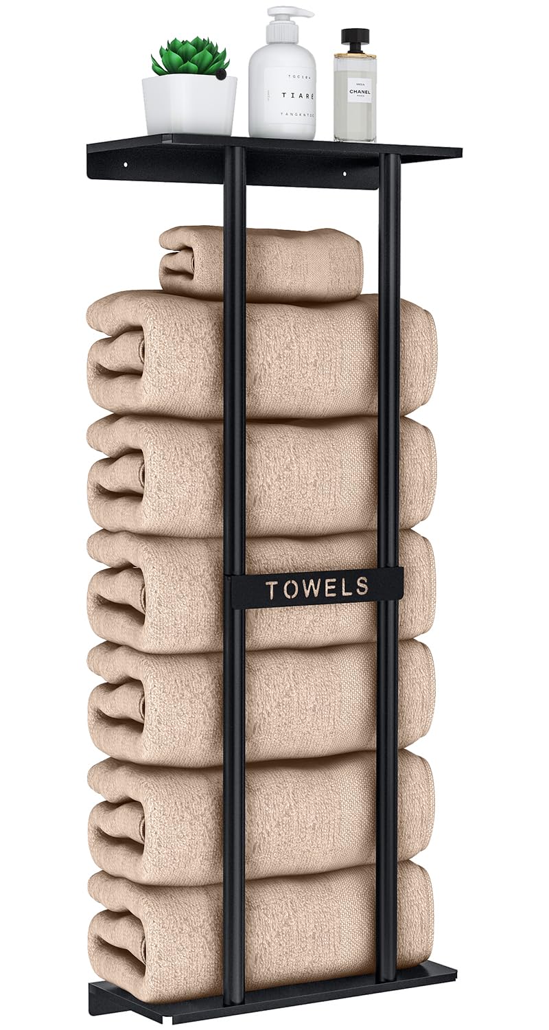 STWWO towel rack on bathroom wall with 30-inch shelf for organized towels.