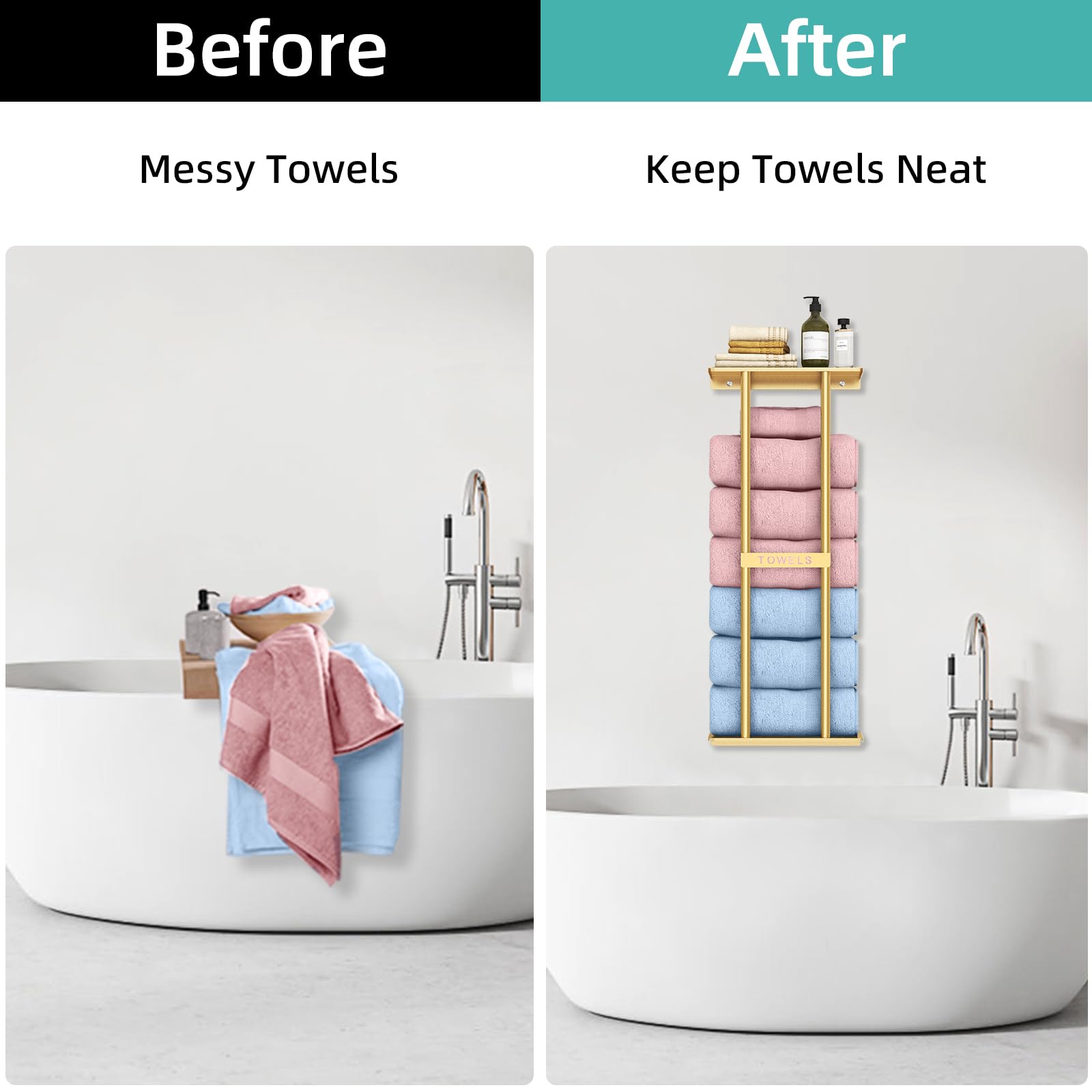 STWWO towel rack holds six large rolled towels for quick access.