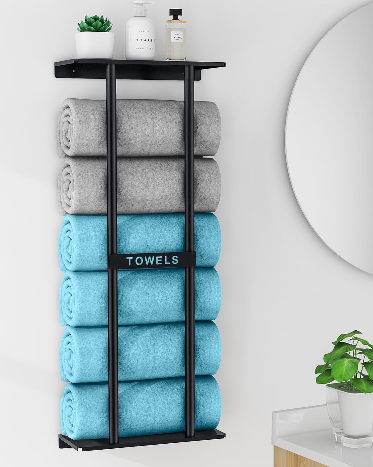 STWWO towel rack with top shelf for small items beside towels.