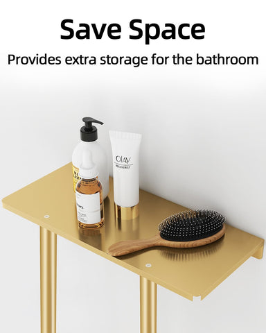 STWWO wall-mounted towel shelf in gold finish adds compact storage for bathroom essentials.