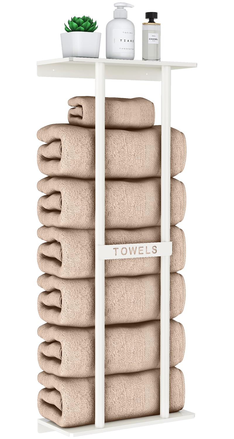 STWWO wall towel rack with rolled towels holds six large towels for organized bathroom storage