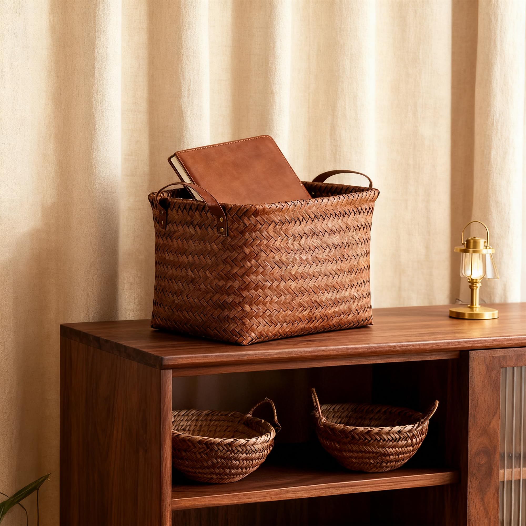 Stylave brown woven bin complements modern bedroom shelving.