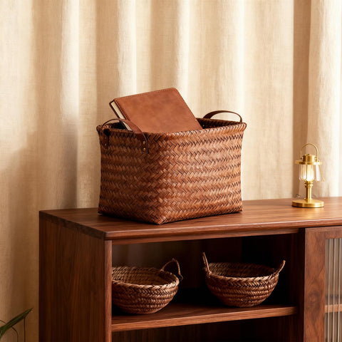 Stylave brown woven bin complements modern bedroom shelving.