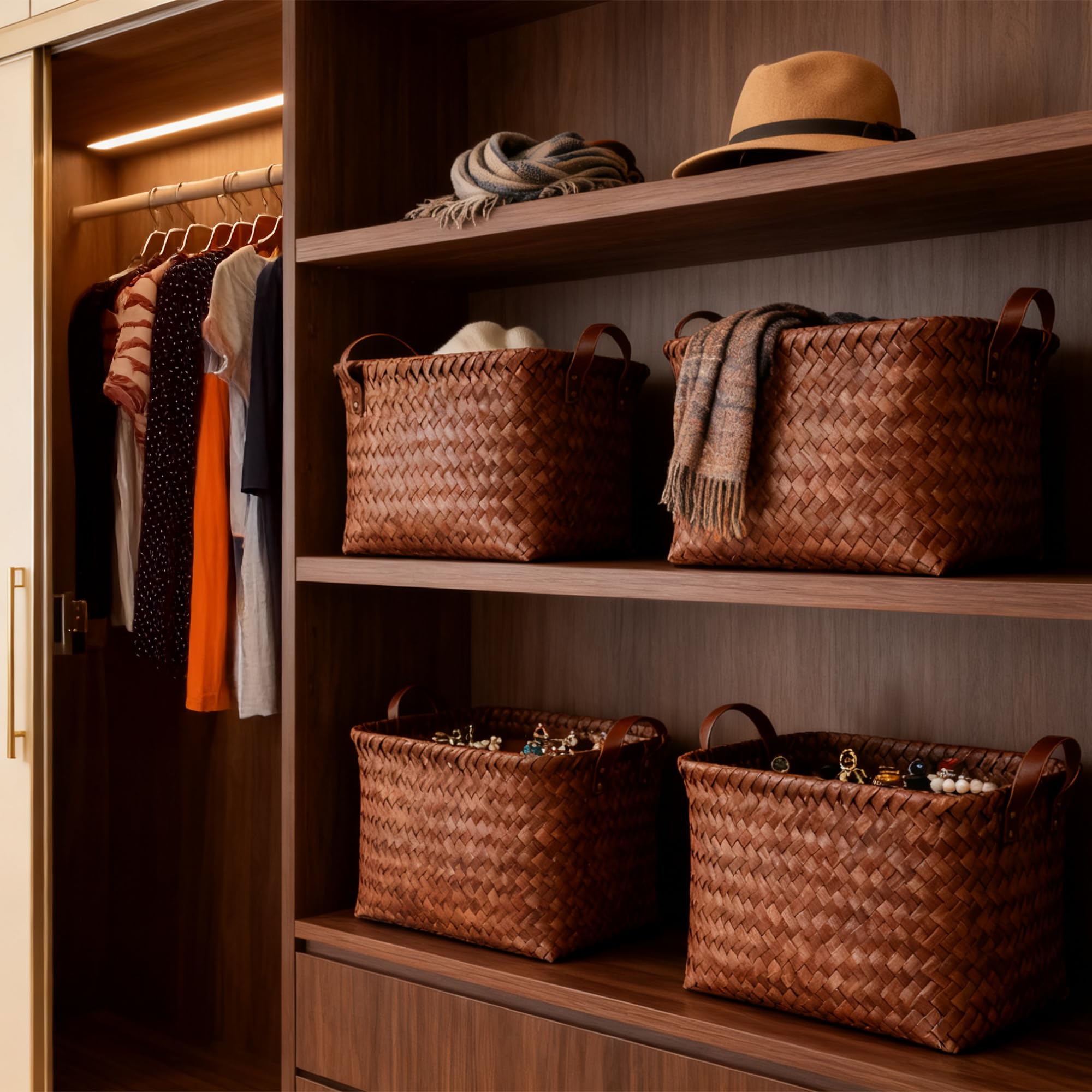 Stylave brown woven bin on shelf for stylish storage.