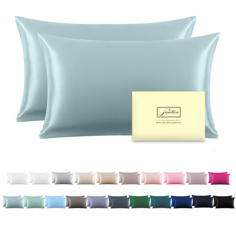 Suatien Mulberry Silk Pillowcase in haze blue with a smooth, hair-friendly surface.