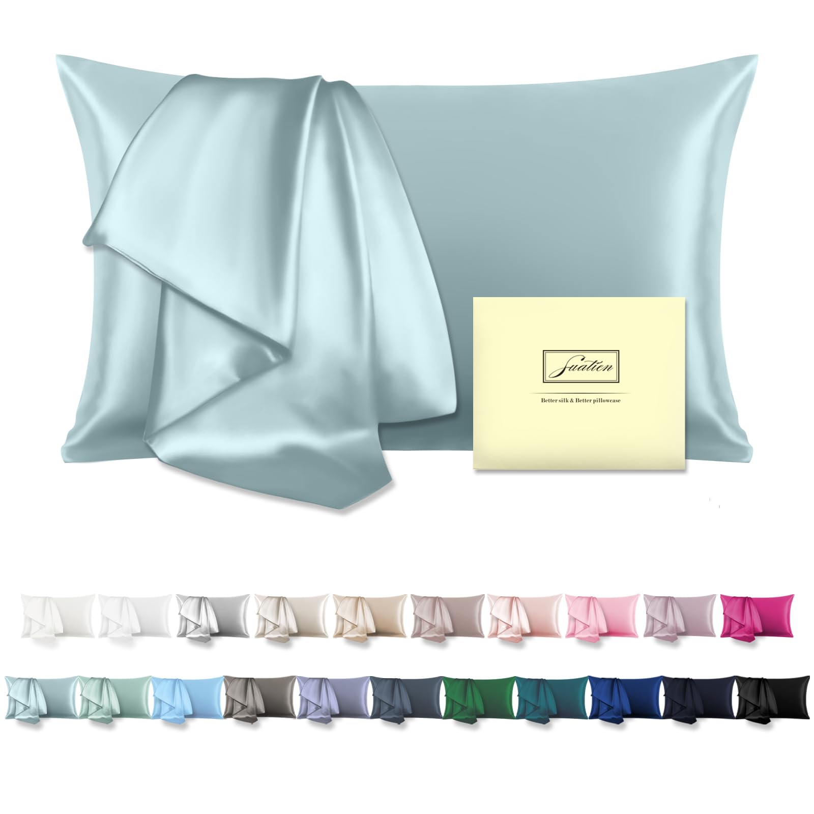 Suatien mulberry silk pillowcase in haze blue for queen size, smooths hair and skin.