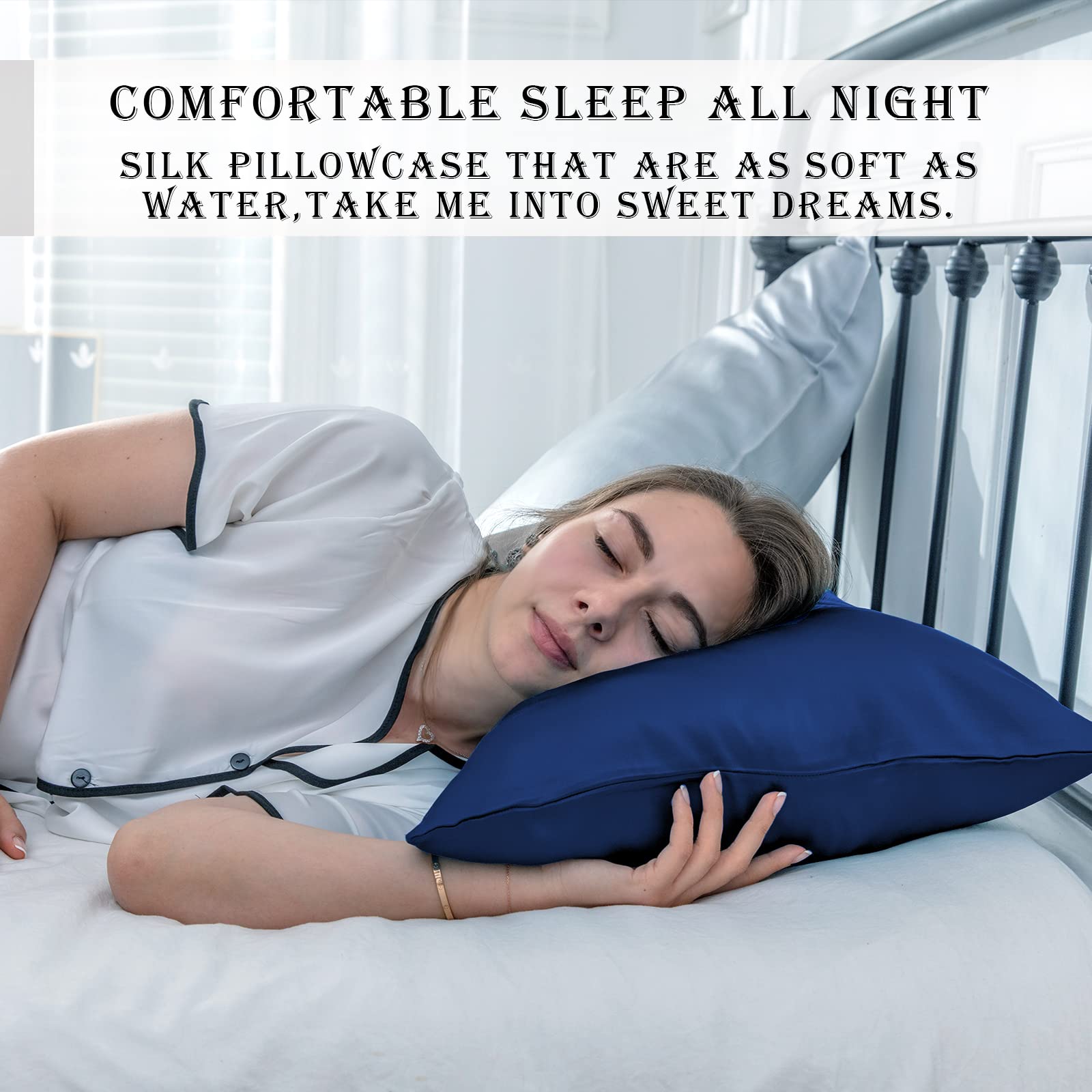 Suatien royal blue silk pillowcase set enhances bedding aesthetics and comfort.