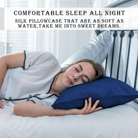 Suatien royal blue silk pillowcase set enhances bedding aesthetics and comfort.