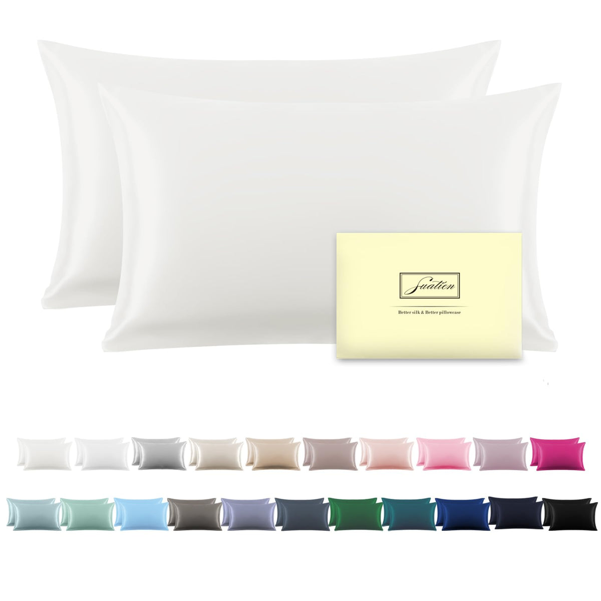 Suatien silk pillow cases 2-pack ivory king size 20x36 with hidden zipper.
