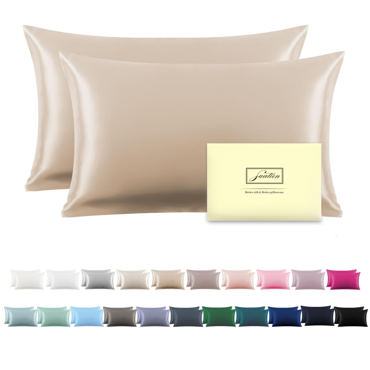 Suatien Silk Pillowcase 2-pack Champagne 20x26 close-up fabric sheen for luxurious sleep.