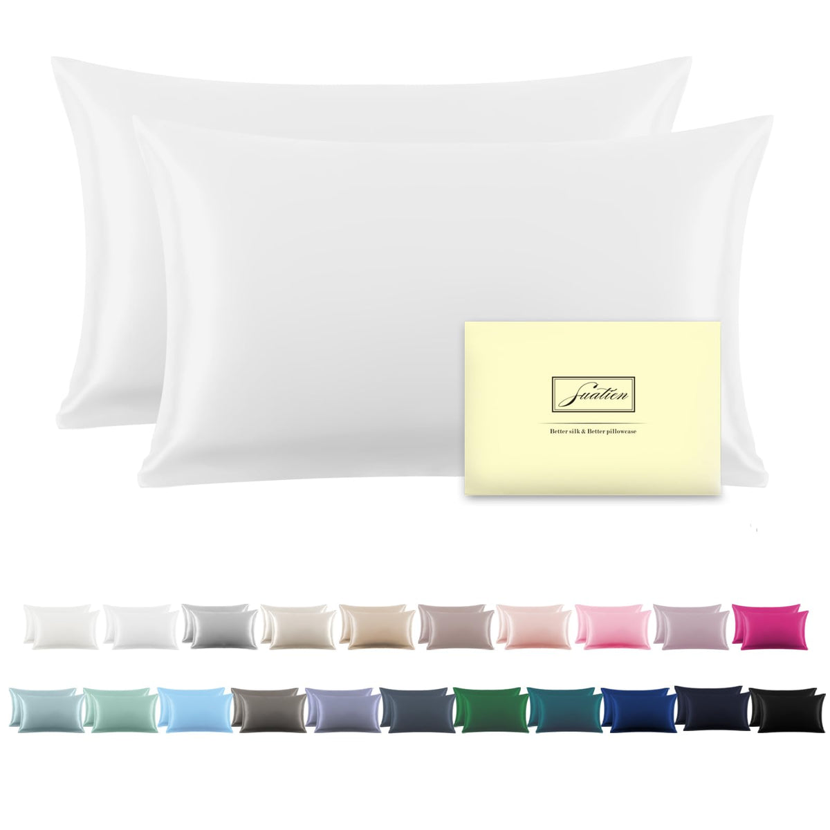Suatien silk pillowcase 2 pack front view shows luxurious texture and smooth sleep surface.