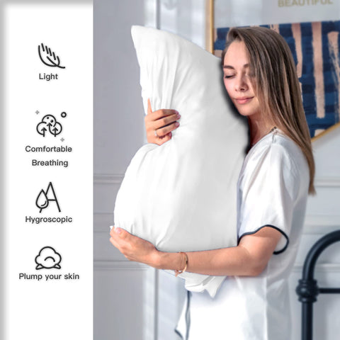 Suatien silk pillowcase 2 pack texture closeup emphasizes silky surface reducing friction.