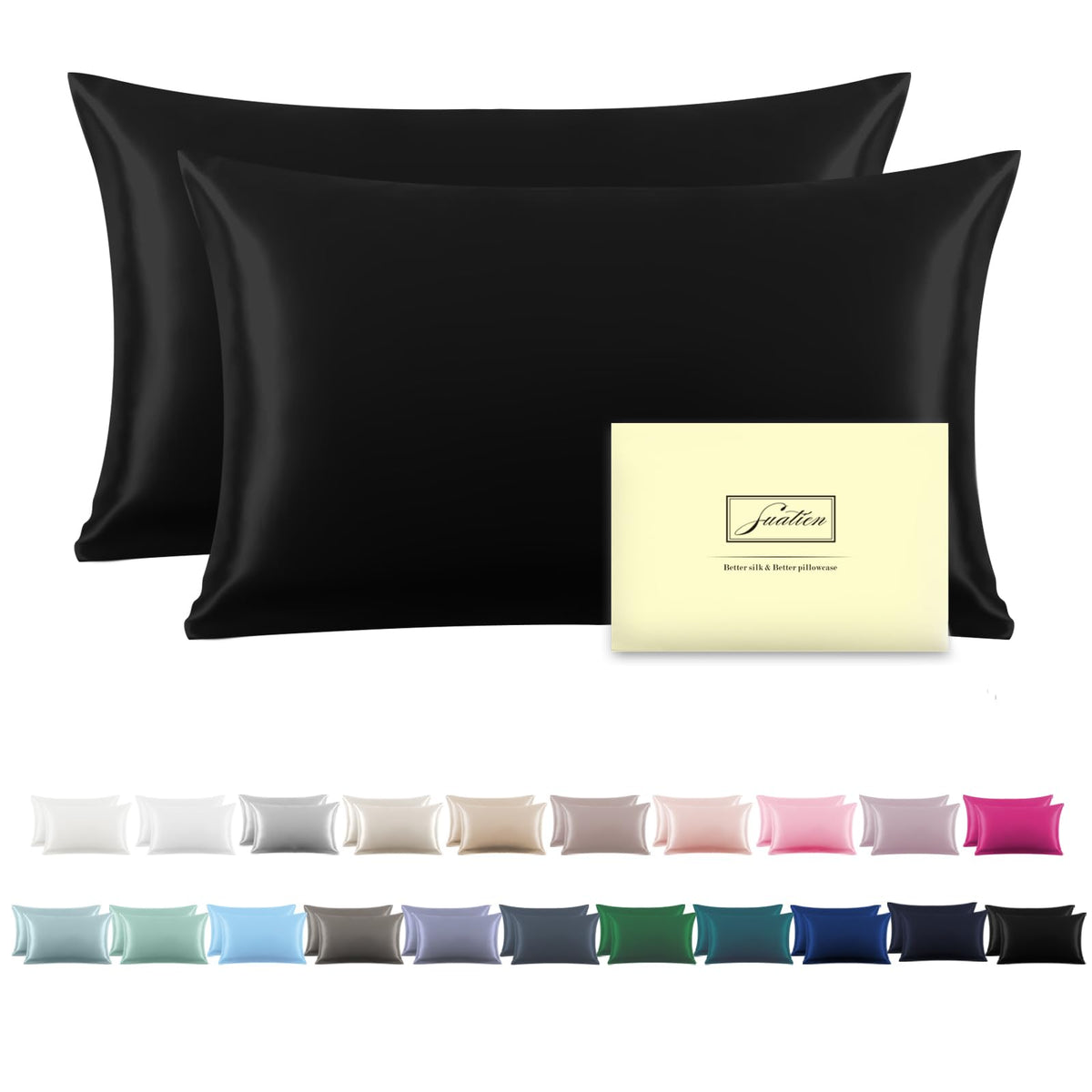 Suatien silk pillowcase 2-pack in black, silky smooth for hair and skin